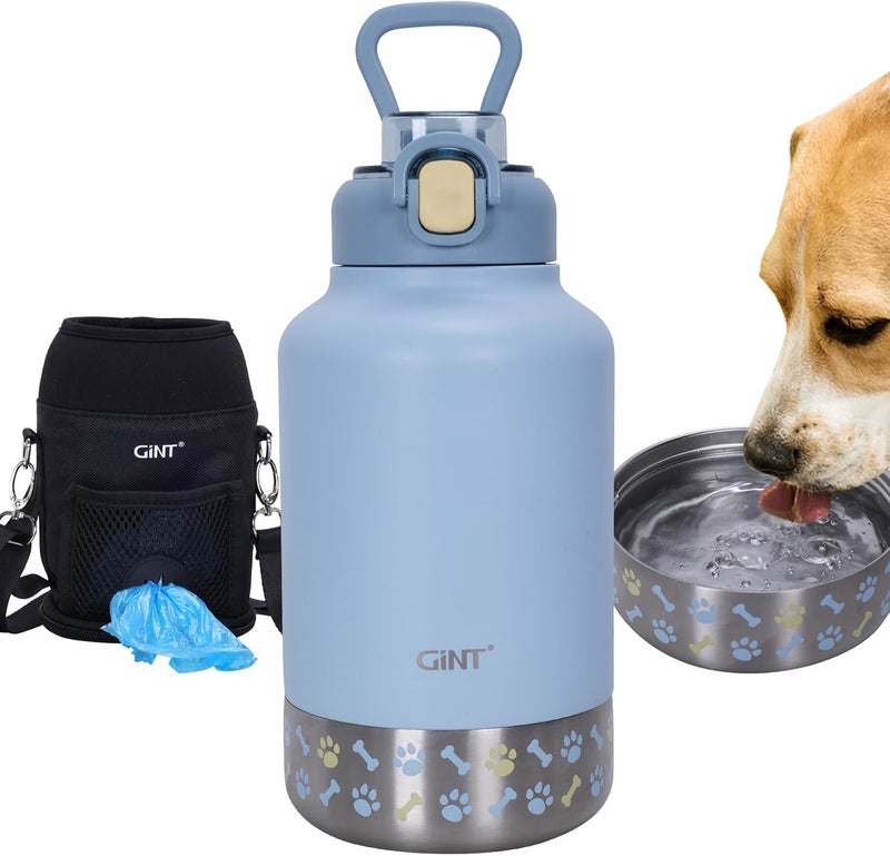 GiNT 37oz Insulated Stainless Steel Dog & Human Water Bottle, All-in-1 Travel Dispenser with Detachable Bowls & Carrying Case, Leak-Proof Pet Canteen for Walking, Hiking, Camping, Car (Blue) - Image 1